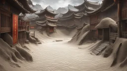 fantasy, chinese town, dune, crater, sand strom, destroyed chinese houses