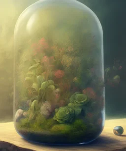 a glass jar terrarium filled with plants, highly detailed, digital art, sharp focus, trending on art station, illustration