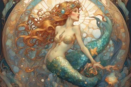 a beautiful mermaid with jewels elegant extremely detailed very attractive beautiful dynamic lighting colourful Alphonse Mucha