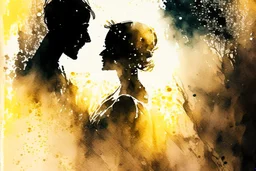 double exposure, merged layers, painted and burned burlap, wedding scene, melting watercolor and black ink outlines on wet paper, soft, shading strokes, in sunshine, ethereal, otherwordly, cinematic postprocessing, bokeh, dof