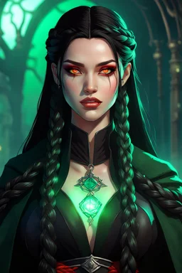 Young beautiful female Hexblood warlock character. Lightly tanned skin. Long straight jet-black hair to the waist. Half-up hairstyle with two loose Dutch braids on each side. Bright glowing pale emerald-red eyes. Delicate face. High cheekbones. Full lips. Soft smile. Slightly pointed ears. Faint dark vine-like markings on neck and collarbone. Black cloak. Realistic dark fantasy. Highly detailed. Cinematic lighting.