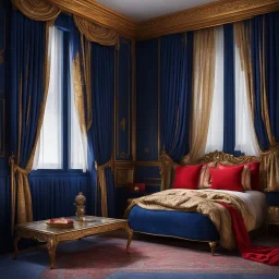 Living room in midnight blue, red and gold. A wide old bed and a large window with curtains