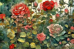 beautiful intricate rose field, soft delicate watercolor, dramatic, perfect composition, by Arthur Rackham highly detailed intricate very attractive beautiful fantastic view watercolor Arthur Rackham Jean-Baptiste Monge Egon Schiele muted tones professional Enki Bilal patchwork watercolor and ink Xuan Loc Xuan