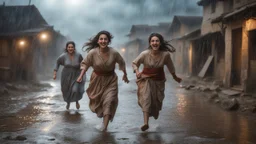 Hyper Realistic Beautiful-Happy-Pashto-Women running across the streets of her village riverside at heavy-rainy-night with dramatic-&-cinematic-ambiance