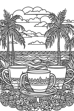 Outline art for coloring page, AVANT-GARDE TEACUP SET BEACH PALM TREES OCEAN, coloring page, white background, Sketch style, only use outline, clean line art, white background, no shadows, no shading, no color, clear