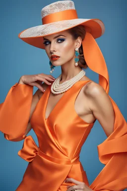 full body beautiful girl, elegant orange,lace clothes of the 80s, luxury style, small elegant hat with feather, hair of the 80s, pearl necklace, earrings masterful, beautiful face,blue backdrop