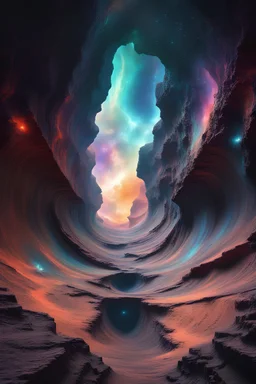 Huge canyon, intricate background, nebula in background, cosmic black and iridescent, split perspective, Neo-baroque digital glitch art, hyper detailed NASA images, photorealistic