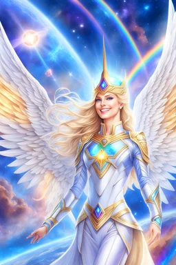 cosmic woman angels smile,admiral high commander from the future, one fine whole face, crystalline skin, expressive blue eyes,rainbow, smiling lips, very nice smile, costume rainbow pleiadian, Beautiful tall woman pleiadian Galactic commander, ship, perfect datailed golden galactic suit, high rank, long blond hair, hand whit five perfect detailed finger, amazing big blue eyes, smilling mouth, high drfinition lips, cosmic happiness, bright colors rainbow, blue, pink, gold, jewels, realist,8k