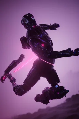 Full body, 2 futuristic black robot Ninjas fighting with swords, glowing purple, fighting pose, jumping