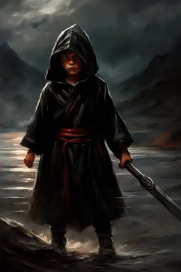 A formidable warrior-a 10-year-old boy in a black robe with a hood, on the background Amazing gloomy landscape, flooded with sunset, mountains, trees, fabulous scary hero, , juicy emotions, painting, dark fantasy, bad weather, gloomy day, dark world, by Raymond Swanland & Anna Razumovskaya & James Paick & Alyssa Monks