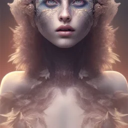 Portrait of beautiful girl, plant, metal, feathers, Dryad, fae, sidhe, ominous, nature, plants, wildflower, facepaint, dnd character portrait, intricate, oil on canvas, masterpiece, expert, insanely detailed, 4k resolution, retroanime style, cute big circular reflective eyes, cinematic smooth, intricate detail , soft smooth lighting, soft pastel colors, painted Renaissance style, 800mm lens