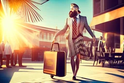 bearded man in elegant suit with checkered skirt on high heels standing next to a restaurant holding a laptop case in sunshine