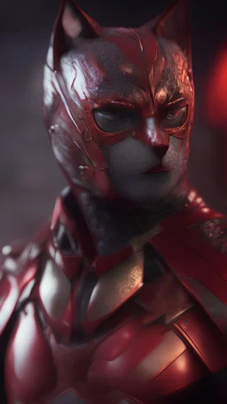 Iconic Cat-Man, red and silver, ultra-detailed armor, eye mask cat, dynamic shot, richly saturated colors, full stature, cinematic lighting, Octane rendering, hyper-realistic, unparalleled detail, 8K , concept art, intricate textures, timeless masterpiece, AI enhanced, GAN, ray tracing, depth of field, neural network,