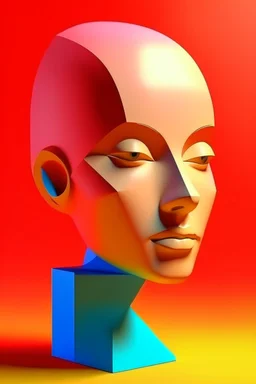 women head in minimalist and stylized rube goldberg of mixed 3d shapes composed