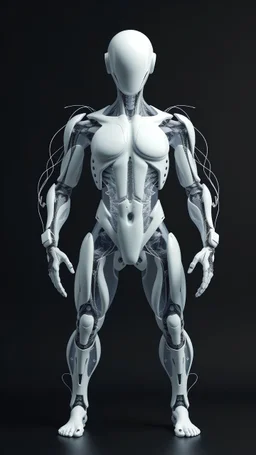 iseneld + abstract biomechanic humanoid full body anatomy made of glossy transparent rubber, front view symmetric, smooth carbon fibre skin, circuits and sinuous wires, liquid shapes + white color palette, biomorphic, minimalism, surrealism, dither + artstation