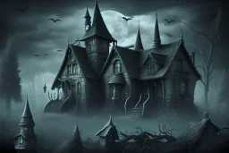 one Wednesday Adams, black and white, small scary house , pointy roof, cursed trees , dark forest, spiders, bats, bones, Escher style