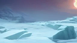 cartoon illustration: nature with icebergs and frozen sea, sun in the sky