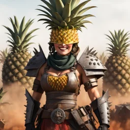 the pineapple queen smiles, ready to fight, in dust, rust and blood, her body is covered with cartridge belts