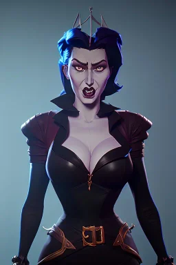 Rita Hayworth as evil queen in black leather, leather, busty, cleavage, angry, stern look. character design by cory loftis, fenghua zhong, ryohei hase, ismail inceoglu and ruan jia. unreal engine 5, artistic lighting, highly detailed, photorealistic, fantasy