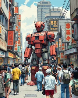 Junk city, many people buying a robot, street view, in the style of Katsuhiro Otomo,
