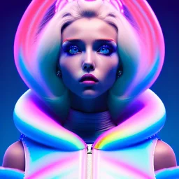 blonde woman, purpurin, minimal latex dress, big feather coat, gradient color, BLUE, PINK, CYAN, neon, insanely detailed, 16k resolution, perfect eyes, cinematic smooth, intricate detail