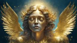 crying angel, double exposure in fantasy style, gold, glitter, fine rendering, bright colors, photorealism, 3D