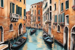 Pastel paint picture city of Venice, Italy, with waterways and unique architectural palaces. Gondolas, the iconic Venetian flat-bottomed rowing boats, can be seen navigating through the narrow canals. The city's charming traditional architecture, ornate buildings and majestic bridges, stunning, beautifull picture in vintage style, pastel painting with grey ink