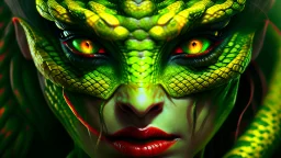 Snake woman, green-yellow shades, red eyes, high detail, high resolution, 8K