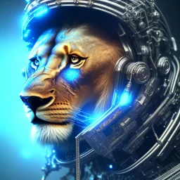 a lion face made with cyber punk elements with blue diamonds and cables from head to body wearing a medieval helmet, high detail, photo, kybernetic, 8k, ray-tracing