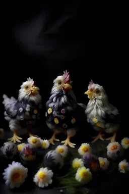 Cute Easter chickens, full figure, soft pastel, very small, many delicate flowers, sharp focus, dark background