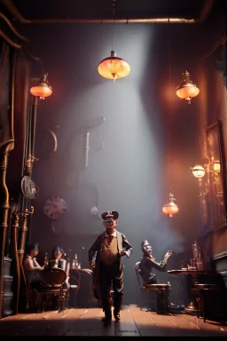 cabaret scene, steampunk. old Asian man + little monkey, Sunglasses, smoking, happy, hot. Many people background, highly detailed, concept art, unreal engine 5, god rays, ray tracing, RTX, lumen lighting, ultra detail, volumetric lighting, 3d, finely drawn, high definition, high resolution.