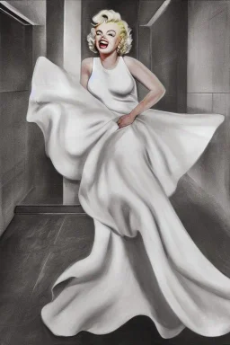 Painting, photorealistic, Marilyn Monroe, front view medium shot ankle-length white dress, white high-heeled shoes standing over a subway grating, dress billowing up, face slightly turned to the right arms holding the dress down, style of The Seven Year Itch