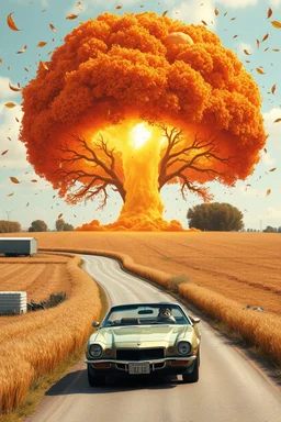 a nuclear explosion mushroom cloud that looks like a autumn tree full of leaves, leaves falling everywhere. bottom 2/3 is a curved dirt road through a wheat field, a wind is blowing away from the tree. a commercial building is in the field on the left, large at bottom on the road is a 1971 Camaro convertible with 2 oversized animated racoons inside with hands up in celebration, poster in Japanese auto-show esthetic