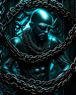 Dark fantasy cage alien supernatural made of chains holding long chains