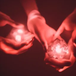 hands holding single pink crystal, dark, glowing, orange light, in a foggy cave, cinematic, abstract