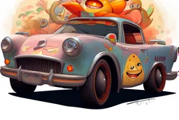 whimsical cartoon car with big eyes and its front grill forming a friendly smile