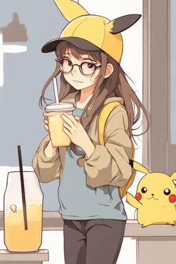 cute anime style asian girl with side swept bangs to left side, wide frame glasses, long hair, mid taper face, holding bubble tea drink, wearing pikachu hat