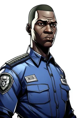 Draw me a black-skinned, young GTA character who is policeman officer. He should have a GTA mark, he should be tall,