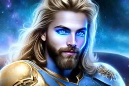 beauty cosmic warrior men with big blu eyes and smiling, wiyh long hair