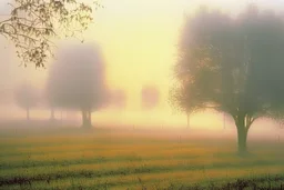 grey morning. the sun rises from its ashes. autumn mists cover the fields. trees, Autochrome style