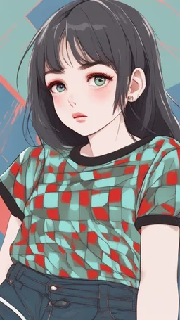 generate a full-length girl with gray-green sad eyes, with dark hair above the shoulders, a round face, not very plump lips, in a black T-shirt with a red print, short shorts, blue socks