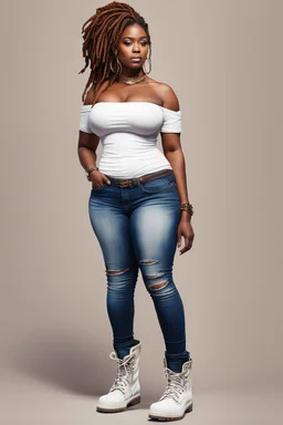 Create a watercolor image of a curvy black female wearing tight cut up jeans and a off the shoulder white tshirt with timberland boots. Prominent make up with hazel eyes. Highly detail dread locs