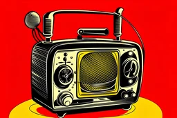 cartoon-looking black and red vintage radio with an antenna sticking out from the top of it. A soft yellow dominates the entire background of the photo.