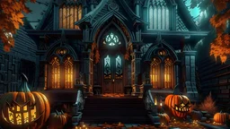 cyberpunk gothic church on halloween with pumpkins on its porch