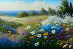 Oil painting of a landscape, wit several kinds of wildflowers blossoming, realistic colors, ultra high details