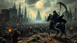 A chaotic cyberpunk interpretation of Bruegel's "The Triumph of Death", capturing the metaphorical harvest of humanity. A vast, dystopian metropolis under a toxic smog sky, where cybernetic grim reapers are executing a digital and physical harvest. Many of humans and transhuman citizens killed are overwhelmed by an army of cyber skeletal warrior androids, fight with humans, panicking people, bodies lying on the ground. In the foreground a cyber-death warrior in black hood on mecha-horse