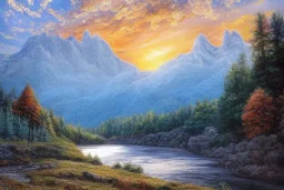 the most beautiful panoramic landscape, oil painting, where the mountains are towering over the valley below their peaks shrouded in mist, the sun is just peeking over the horizon producing an awesome flare and the sky is ablaze with warm colors and stratus clouds. a giant dreamy waterfall creates a river, it is winding its way through the valley and the trees are starting to bloom in a great variety of colors, by greg rutkowski, aerial view