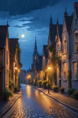 tranquil evening in a quaint town. Houses with illuminated windows dot the landscape, with their warm glow contrasting against the cool blue hues of the evening sky. Raindrops glisten on the cobblestone streets, reflecting the soft light from the street lamps. In the distance, a church or cathedral with a prominent spire stands tall, its silhouette contrasting against the fading light. The overall ambiance is one of serenity and nostalgia, evoking feelings of coziness and warmth amidst the chill