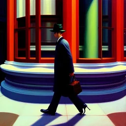 a man crossing a street by painter Edward Hopper, delicate colors, painting texture