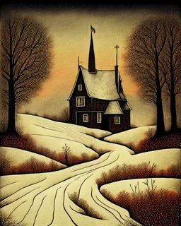 Richly textured Hieronymus Bosch, Catrin Welz-Stein, William Turner, Zdzisław Beksiński, Jacek Yerka oil on canvas zentangle line art style mix, surreal frosted fantasyland winter oceanscape, hoarfrost on trees, high grasses, snow and cottages, withered flowers, pale sunrise; paint splatter, beautiful vibrant colors, reflections, SK, flying seagulls, dramatic clouds, snowfall.
